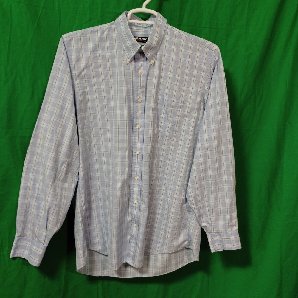 Kirkland Signature Mens Blue Plaid Non-Iron Dress Shirt 16.5 36/37 Trad Fit